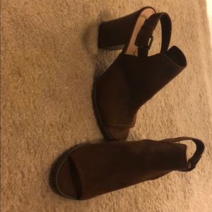Brown suede open toe heels